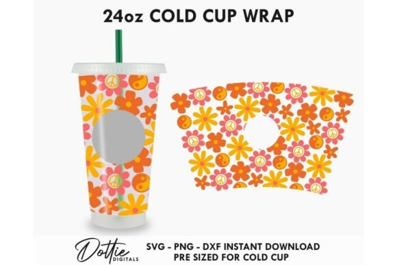 Funky Retro Floral Cold Cup SVG: Tumbler Wraps Graphics