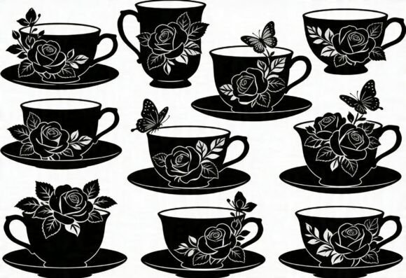 Rose Butterfly Tea Cup SVG Graphics for Crafts
